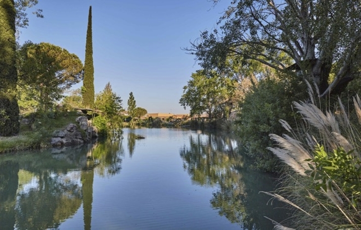 Fluss mit Bäumen und klarer blauer Himmel im Hintergrund.