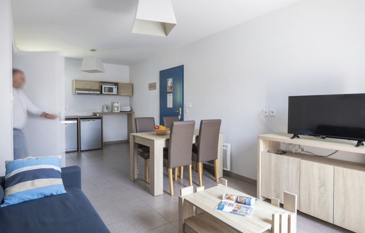 Wohnzimmer in Ferienwohnung mit Sofa, Esstisch, Fernseher und Mini-Küche.