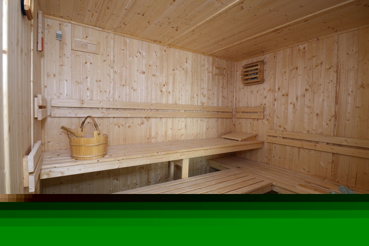 Innenansicht einer Holzsauna mit Bänken und Saunaeimer.