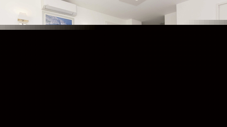 Wohnzimmer mit Sofa, Esstisch und Dekorationen in einer Ferienwohnung.