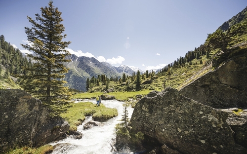 Berglandschaft mit Bäumen, einem Fluss und wandern Menschen in Tirol.
