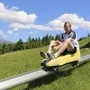 Person auf Sommerrodelbahn in grüner Alpenlandschaft mit blauem Himmel.