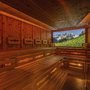 Sauna mit hölzernem Interieur und Berglandschaft im Fensterhintergrund