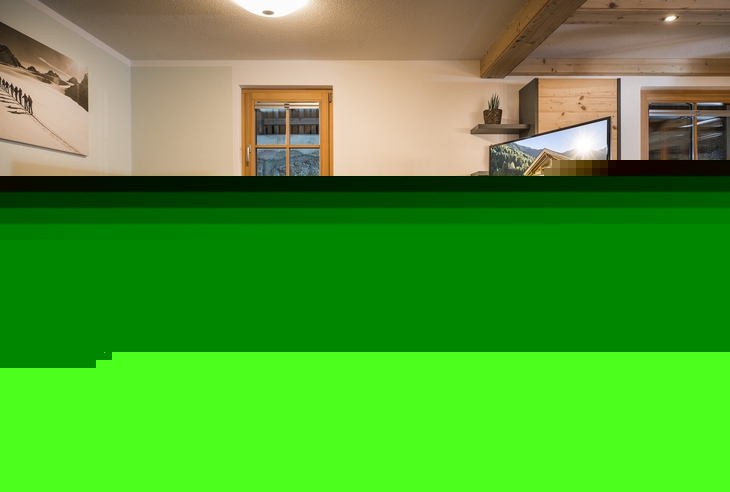 Gemütliches Wohnzimmer in einer Ferienhütte mit Sofa, Holzmöbeln und Fernseher.