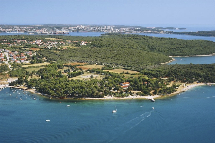 Luftaufnahme einer Küste mit Wald und Häusern in Pula, Kroatien.