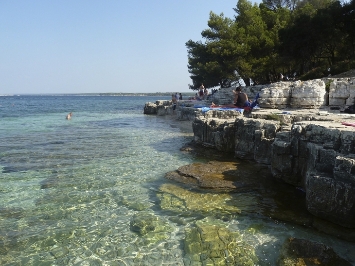 Felsige Küste mit klarem Wasser und Bäumen im Hintergrund am Brioni Sunny Campingplatz.