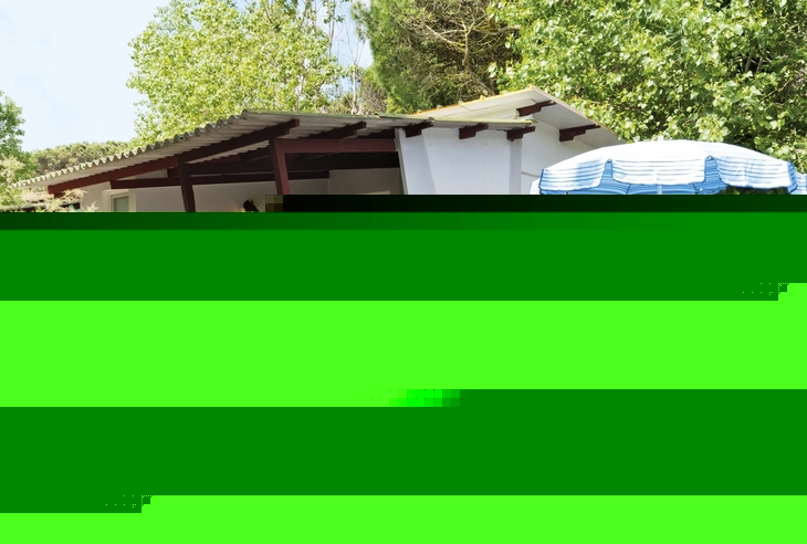 Bungalow mit Terrasse, Liegestühlen und Sonnenschirm in grüner Umgebung.