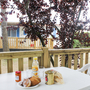 Tisch auf Terrasse mit Getränken, Brot und Bäumen im Hintergrund.