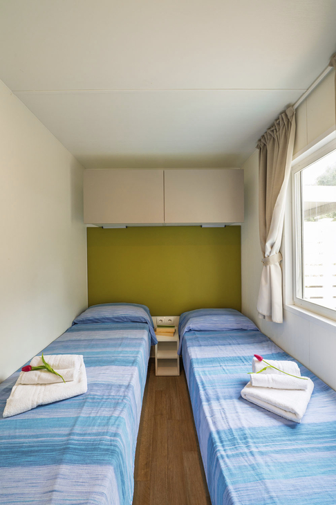 Zwei Einzelbetten in einem Mobilheim mit blauen Decken und Tulpen.