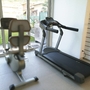 Laufband und Ergometer in einem Fitnessraum mit Gartenblick.