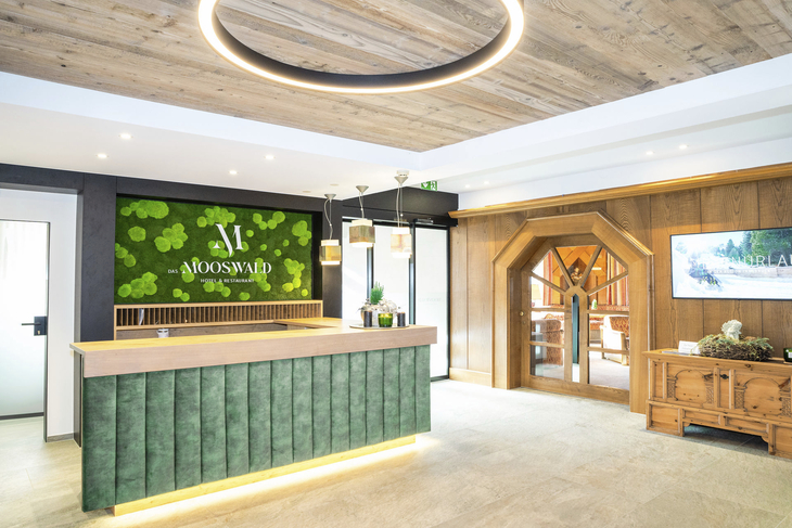 Moderne Rezeption mit Holzdekor, grüner Wand und Beleuchtung im Mooswald.