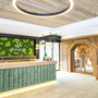 Moderne Rezeption mit Holzdekor, grüner Wand und Beleuchtung im Mooswald.