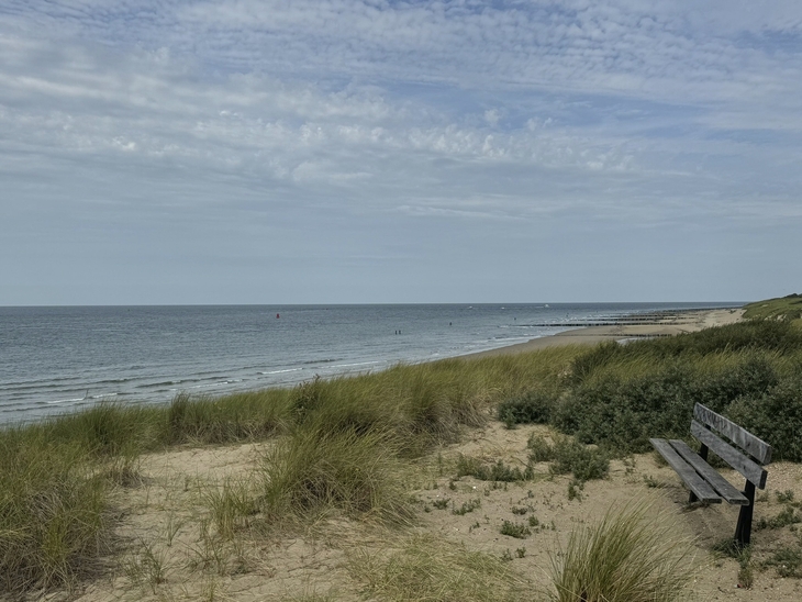 Dünenlandschaft bei Vlissingen mit Blick auf das Meer und einen Holzbank.