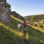 Eine Person wandert mit einem Hund auf einem Pfad im Altmühltal.