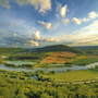 Malerische Landschaft im Altmühltal mit Fluss und Feldern unter blauem Himmel