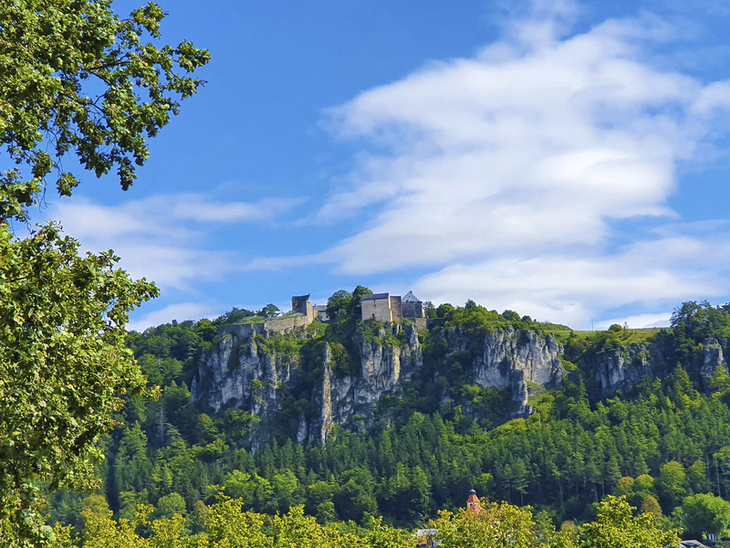 Blick auf eine Burg auf einem bewaldeten Felsen unter blauem Himmel im Altmühltal.