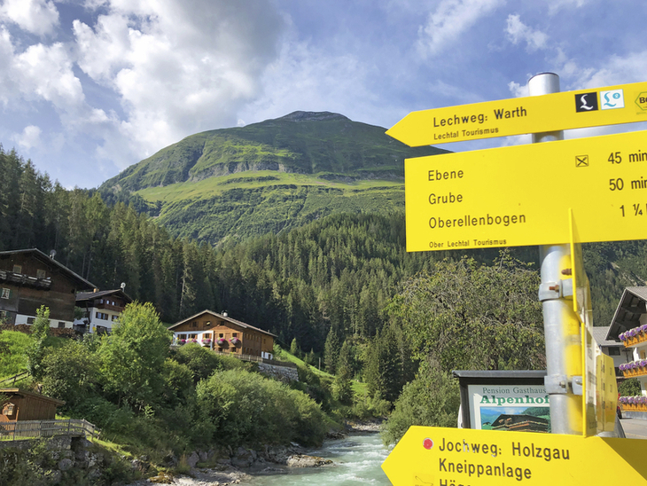 Wegweiser am Lechweg mit grüner Berglandschaft im Hintergrund