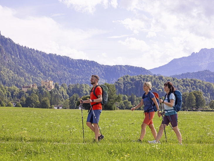 Drei Personen wandern auf einem grünen Feld vor einer Bergkulisse.