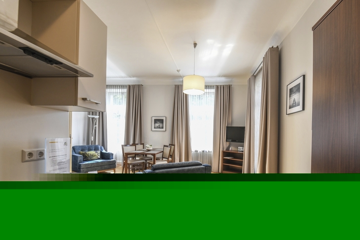 Wohnzimmer mit Küche, Esstisch, Sofa und TV in einer hellen Wohnung.