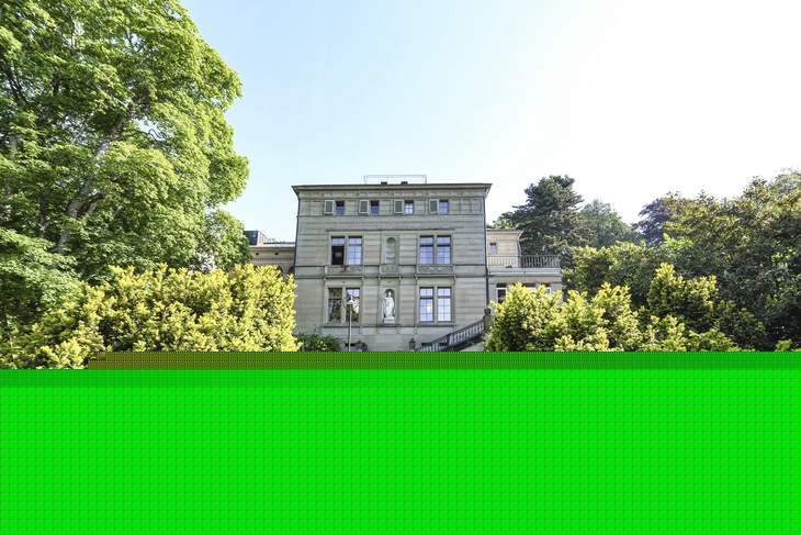 Historische Villa mit Garten und Steinweg in Lindau, umgeben von Bäumen.