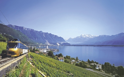 Zug fährt durch Weinberge am Genfersee mit Alpen im Hintergrund.