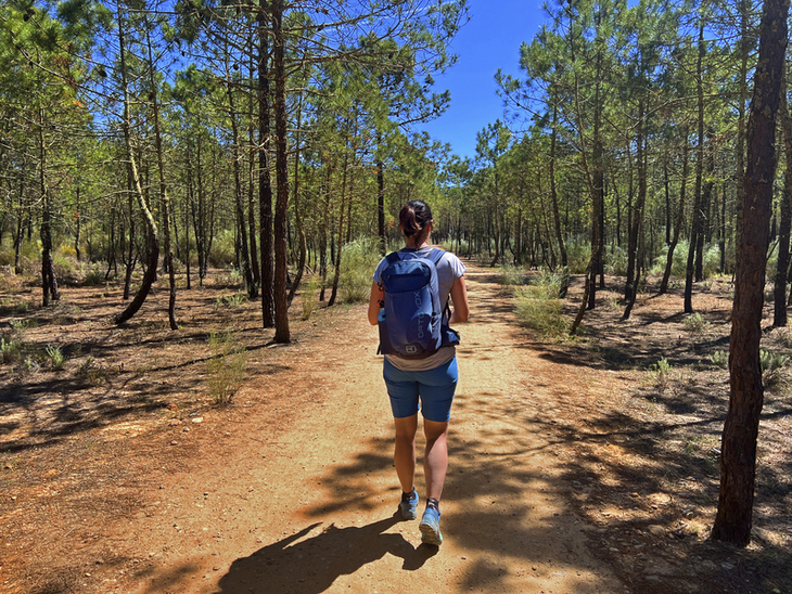 Person wandert mit Rucksack auf Weg durch Pinienwald an der Algarve in Portugal.