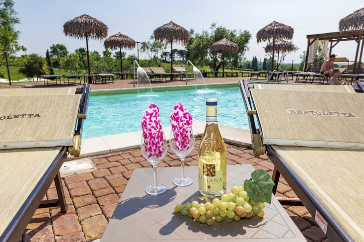 Liegestühle am Pool mit Weinflasche und Weintrauben im Vordergrund.