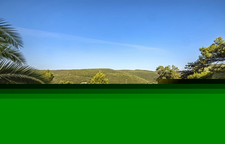 Poolbereich mit Liegen, Sonnenschirmen und Blick auf bewaldete Hügel im Hintergrund.