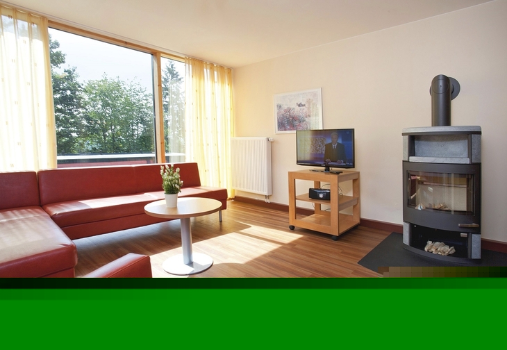 Wohnzimmer in der Ferienanlage Prüm, mit rotem Sofa und Sessel, kleiner Tisch, Holzofen, Fernseher und Blick auf Bäume durch große Fenster.