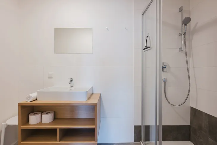 Modernes Badezimmer mit Waschbecken, Spiegel und Dusche.