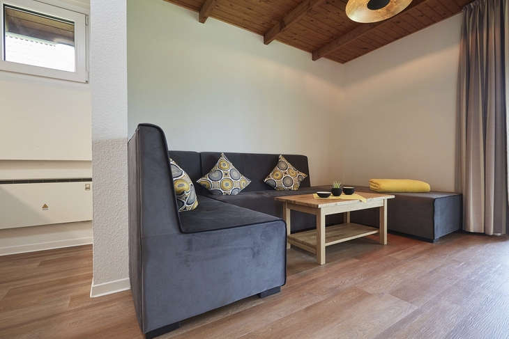 Wohnbereich mit grauer Couch, Holztisch und Kissen im Blockhaus-Ostseeresort Damp.