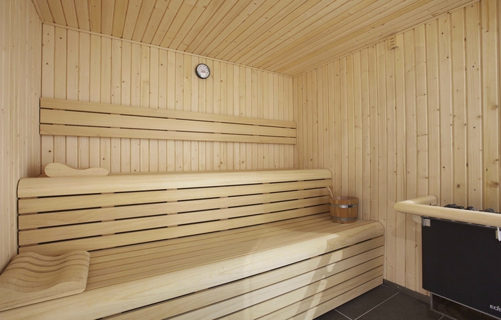 Holzsauna mit Sitzbänken und Saunaofen.