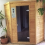Holzsauna in Innenraum mit Topfpflanzen neben der Sauna.