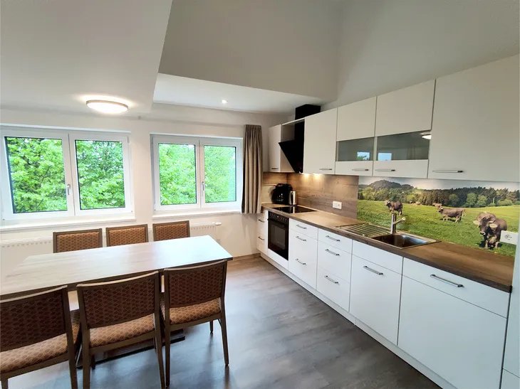 Helle, moderne Küche mit Esstisch und großem Fenster.