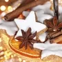 Weihnachtsgebäck und Gewürze vor Lichterhintergrund