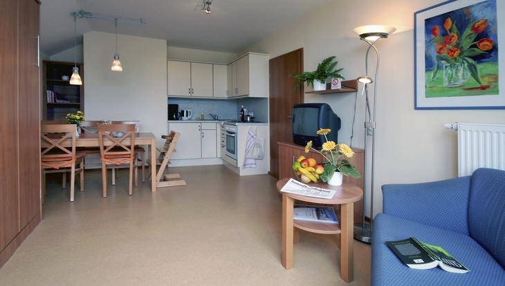 Gemütliches Wohnzimmer mit Küche, Esstisch, Sofaecke und Wanddekoration.