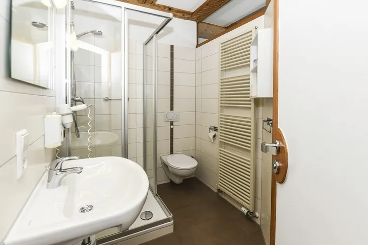 Badezimmer mit Dusche, WC, Waschbecken und Spiegel.