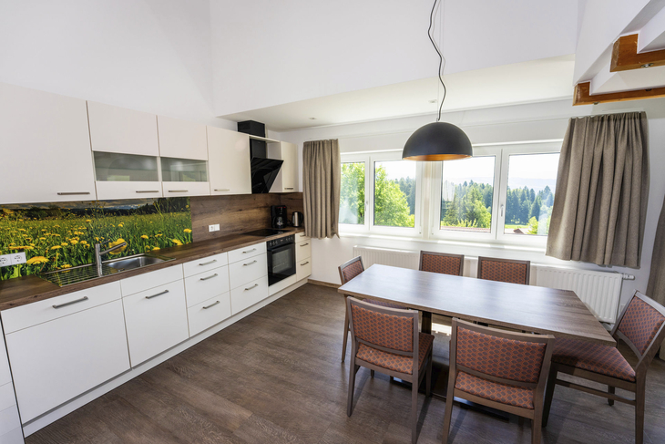 Moderne Küche mit Esstisch und großen Fenstern, Blick auf Bäume.