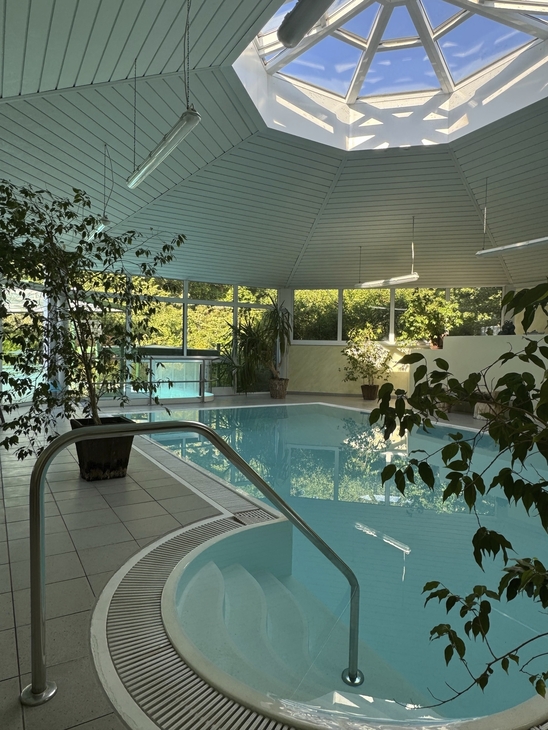 Innenpool mit Pflanzen und großer Fensterfront im Ostseehotel Waldschlösschen Prerow.