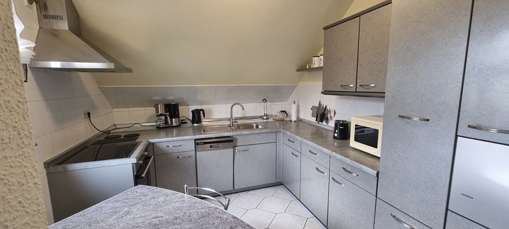 Moderne Küche mit grauen Schränken, Mikrowelle, Spüle und Elektrogeräten.