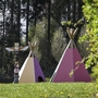 Zwei bunte Tipis und ein Totempfahl auf einer Wiese im Wald der Ferienanlage Prüm.