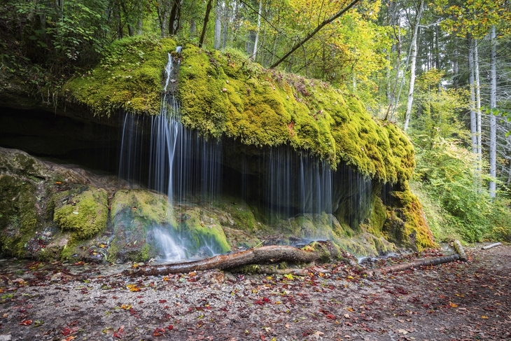 Moosbewachsener Wasserfall in der Wutachschlucht im Schwarzwald.