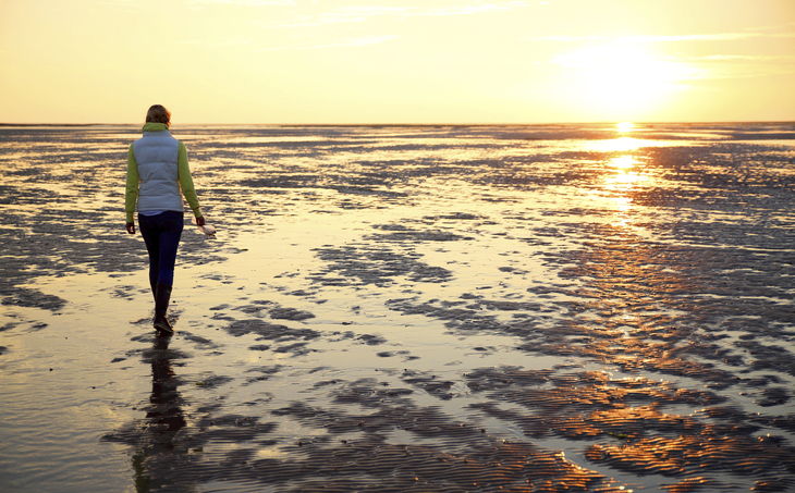 Person geht bei Sonnenuntergang im Watt der Nordsee.