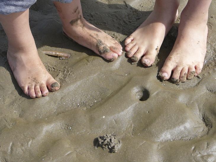 Zwei Paar Kinderfüße im Sand am Strand.
