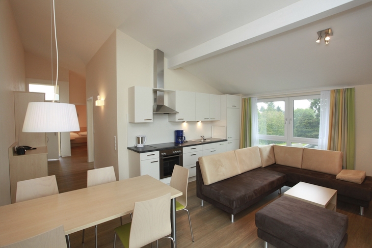 Moderne Küche und Wohnbereich mit Ecksofa und Esstisch.