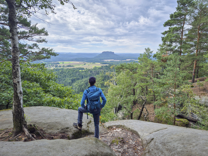 Person mit Blick auf bewaldete Landschaft und Lilienstein im Hintergrund.