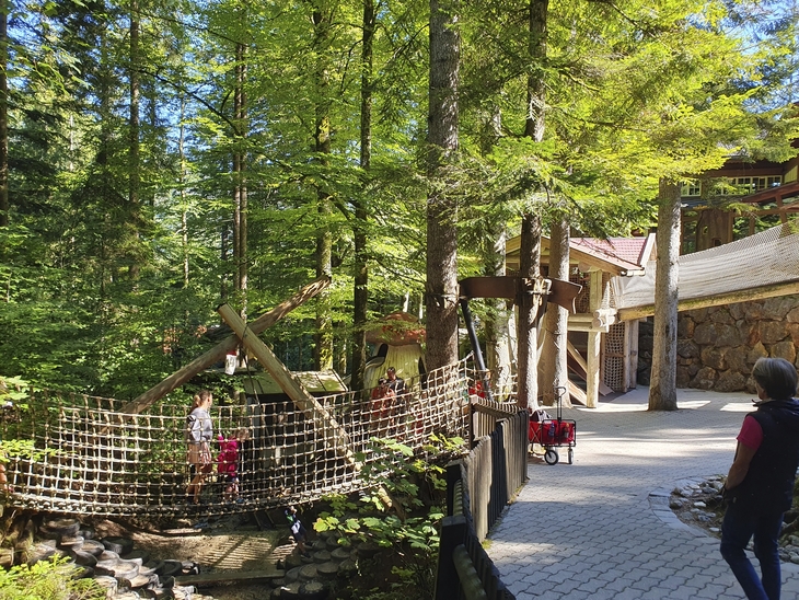 Ein Kletterbereich in einem Freizeitpark mit Menschen und Bäumen im Hintergrund.