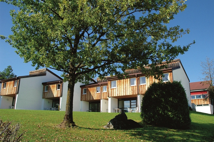 Reihenhäuser mit Holzfassade und Baum davor auf einer Wiese.