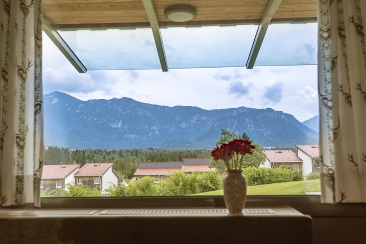Blick aus einem Fenster auf Berge und Häuser, Vase mit Blumen im Vordergrund.