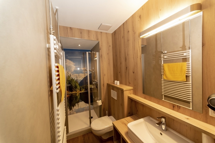 Modernes Badezimmer in einem Ferienhaus mit Dusche und Holzverkleidung.